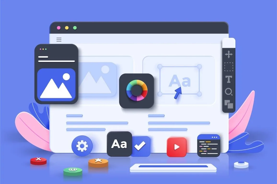 Interfaccia grafica stilizzata con icone di accessibilità, colori, testo e immagini che rappresentano il design inclusivo
