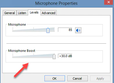 Finestra delle proprietà del microfono in Windows con regolazione del livello e del boost per migliorare la registrazione