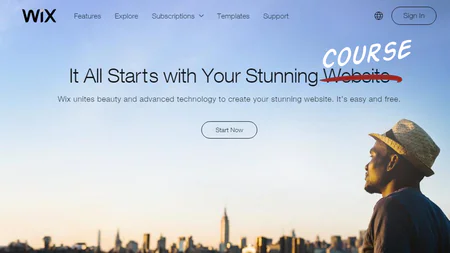 Homepage di Wix con la parola Website barrata e sostituita da Course per mostrare la facilità di creare corsi online