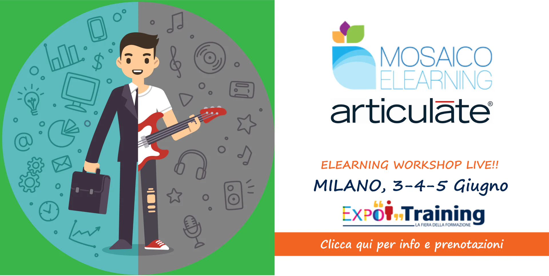 Banner promozionale per workshop eLearning a Milano con loghi Mosaico eLearning, Articulate e ExpoTraining