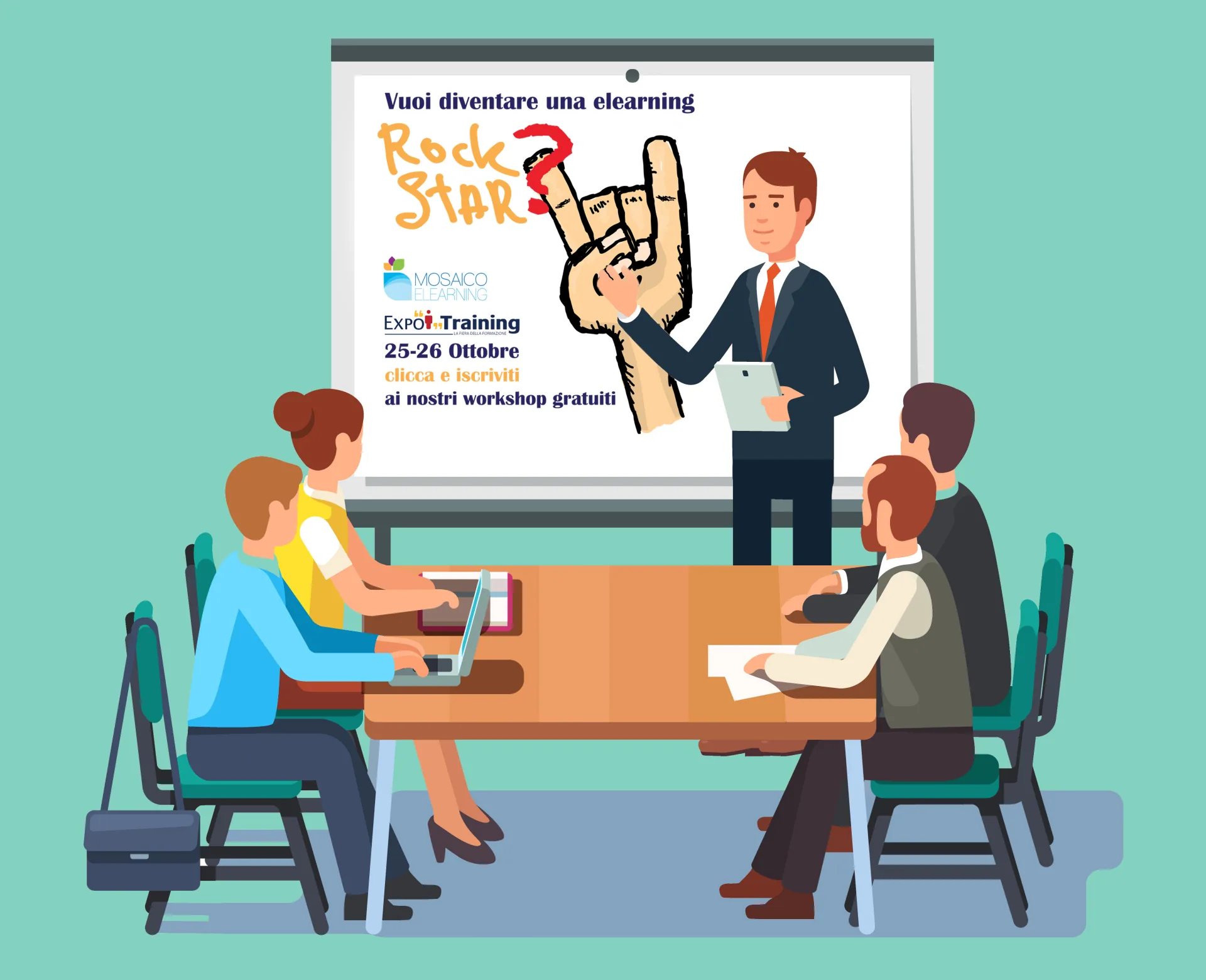 Relatore presenta workshop e-learning a un gruppo con slide su ExpoTraining 2016 e invito a iscriversi