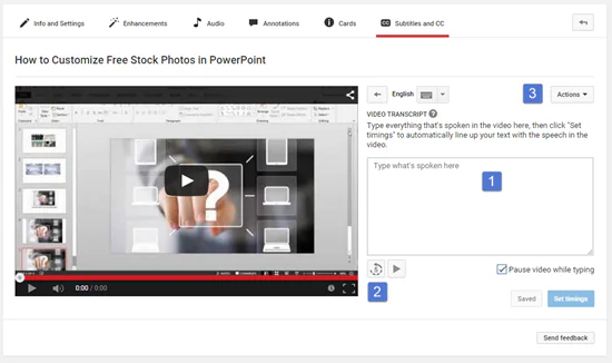 Interfaccia di YouTube per aggiungere e sincronizzare sottotitoli a un video didattico per corsi e-learning accessibili